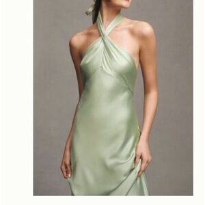 BHLDN Selma High Neck Satin Sage Green Dress